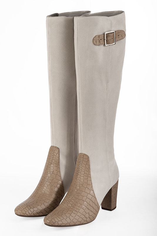 Tan beige and off white women's knee-high boots with buckles. Round toe. High block heels. Made to measure. Front view - Florence KOOIJMAN